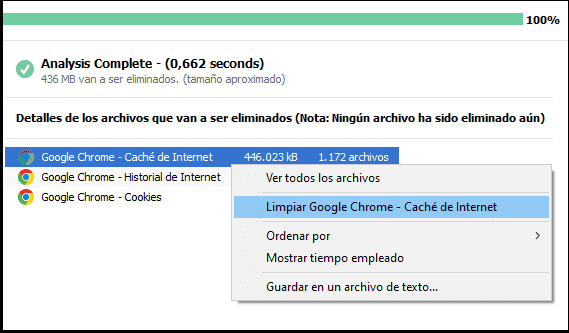 Borrar Caché Google Chrome en CCleaner