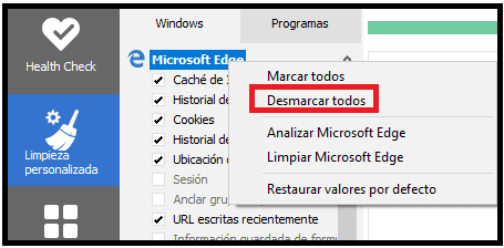 CCleaner Limpieza personalizada desmarcar todos