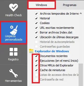 CCleaner explorador de Windows y opciones